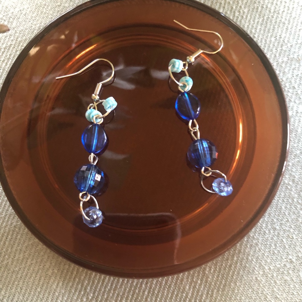 Handmade Blue Beaded Dangle Earrings